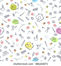 Vector seamless pattern with sewing and tailoring stuff. Lovely needlework, handicrafts items.