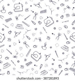 Vector seamless pattern with sewing and tailoring stuff. Lovely needlework, handicrafts items.