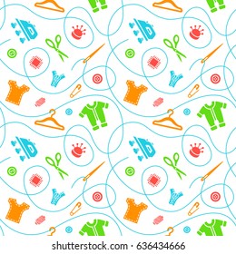 Vector seamless pattern with sewing tools flat icons scattered on white background. Seamstress supplies for tailoring and needlework. Handmade kids clothes wrapping paper design.