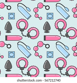 Vector seamless pattern of sex toys in the linear flat style. Sex shop.