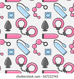 Vector seamless pattern of sex toys in the linear flat style. Sex shop.