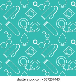 Vector seamless pattern of sex toys in the linear flat style. Sex shop.