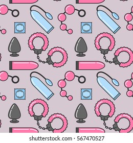 Vector seamless pattern of sex toys in the linear flat style.