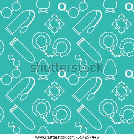 Vector seamless pattern of sex toys in the linear flat style. Sex shop.