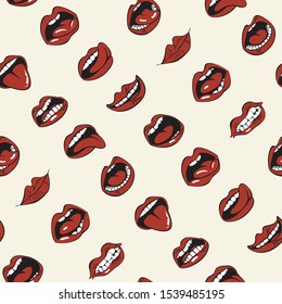 Vector seamless pattern with sexy woman lips with different emotions. Woman mouth with a kiss, smile, tongue and teeth on light background. Red lips collection. Wallpaper, wrapping paper, fabric