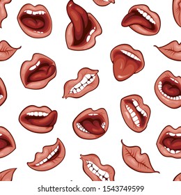 Vector seamless pattern with sexy woman lips with different emotions. Woman mouth with a kiss, smile, tongue and teeth on light background. Lips collection. Wallpaper, wrapping paper, fabric
