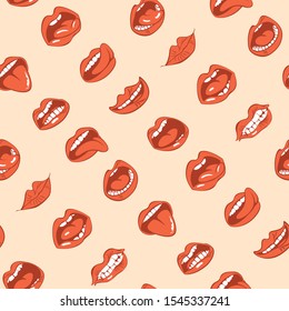 Vector seamless pattern with sexy woman lips with different emotions. Woman mouth with a kiss, smile, tongue and teeth on beige background. Red lips collection. 