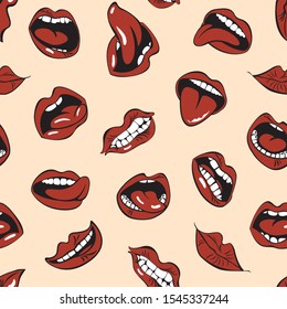 Vector seamless pattern with sexy woman lips with different emotions. Woman mouth with a kiss, smile, tongue and teeth on beige background. Red lips collection. 