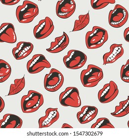 Vector seamless pattern with sexy woman lips with different emotions. Woman mouth with a kiss, smile, tongue and teeth on light background. Red lips collection. Wallpaper, wrapping paper, fabric