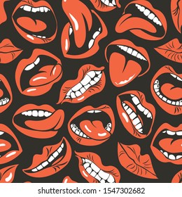 Patrón sin fisuras de Vector con labios de mujer sexy con diferentes emociones. Boca de la mujer con un beso, sonrisa, lengua y dientes sobre fondo oscuro. Colección de labios rojos. Fondo de pantalla, papel de embalaje, tela