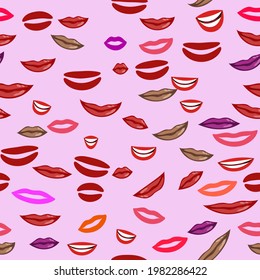 Vector seamless pattern of sexy woman lips, smiling and kissing. Variety of cute women attractive lips with different colors isolated on pink background.