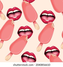 Patrón transparente de vectores con labios de mujer sexy y helado