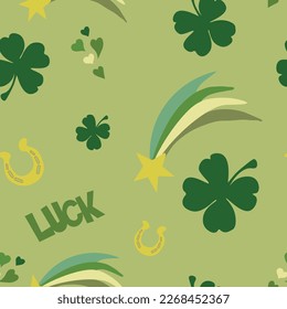Vector seamless pattern with shamrocks. Green monochrome. St Patrick's day design. Wallpaper, background, textile or paper print