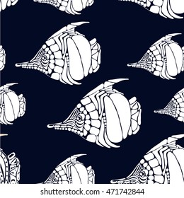 vector seamless pattern with shapes of outlined butterfly fish on dark blue background.