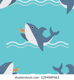 Vector seamless pattern with shark characters with Aperol cocktail in cartoon style
