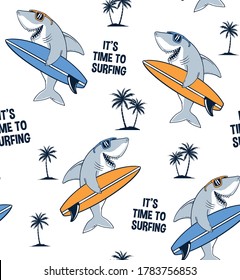 Vector Seamless pattern with shark  illustrations and slogan text, for t-shirt prints and other uses.