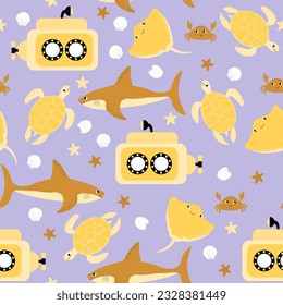 Vector seamless pattern with shark, submarine, turtle, crab, devil fish.Underwater cartoon creatures.Marine background.Cute ocean pattern for fabric, childrens clothing,textiles,wrapping paper