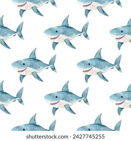 Vector seamless pattern with shark in watercolour style. Children's print design, fabric, wrapping paper, covers