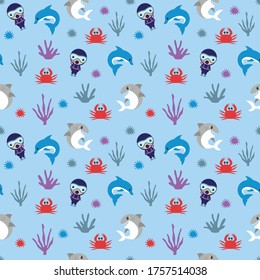 Vector seamless pattern of sharks, divers and dolphins. svg