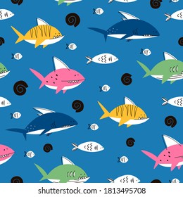 Vector seamless pattern with sharks and fish. Children's print, different types of fish, nature. Simple, hand-drawn style