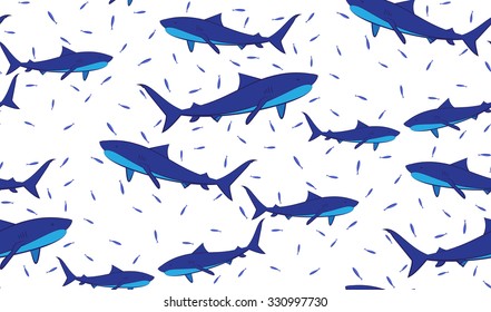 Vector seamless pattern of sharks and fish. Chaotic sharks and fish. eps 10.