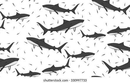 Vector seamless pattern of sharks and fish. Chaotic sharks and fish. eps 10.