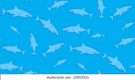 Vector seamless pattern of sharks. Sharks are located randomly on a blue background.