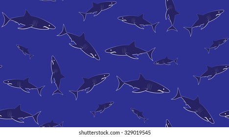 Vector seamless pattern of sharks. Sharks are located randomly on a blue background.