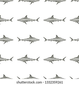 Vector seamless pattern with sharks in sketch style. Hand drawn texture with fish.