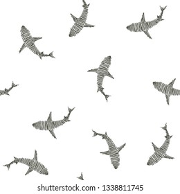 Vector seamless pattern with sharks in sketch style. Hand drawn texture with fish.