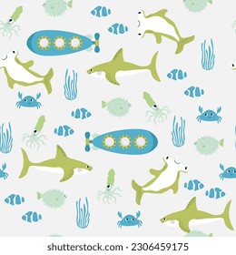 Vector seamless pattern with shark,submarine,crab,squid,hammerhead fish,fugu,.Underwater cartoon creatures.Marine background.Cute ocean pattern for fabric, childrens clothing,textiles,wrapping paper