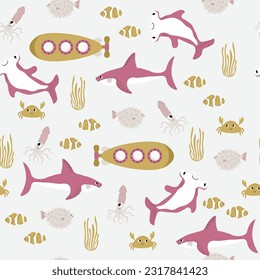 Vector seamless pattern with shark,submarine,crab,squid,hammerhead fish,fugu,.Underwater cartoon creatures.Marine background.Cute ocean pattern for fabric, childrens clothing,textiles,wrapping paper