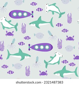 Vector seamless pattern with shark,submarine,crab,squid,hammerhead fish,fugu,.Underwater cartoon creatures.Marine background.Cute ocean pattern for fabric, childrens clothing,textiles,wrapping paper