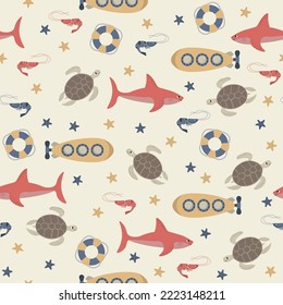 Vector seamless pattern with shark,submarine,turtle,shrimp,starfish,lifebuoy.Underwater cartoon creatures.Marine background.Cute ocean pattern for fabric, childrens clothing,textiles,wrapping paper