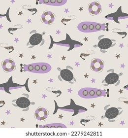 Vector seamless pattern with shark,submarine,turtle,shrimp,starfish,lifebuoy.Underwater cartoon creatures.Marine background.Cute ocean pattern for fabric, childrens clothing,textiles,wrapping paper