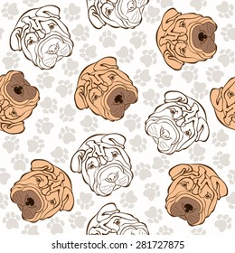 Vector seamless pattern with sharpei and traces. 