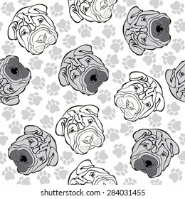 Vector seamless pattern with sharpei and traces. Monochrome background.