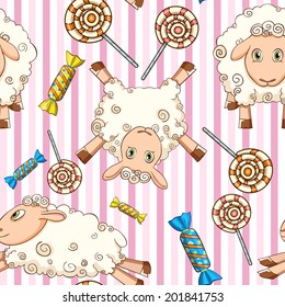 vector seamless pattern with sheep, candy and sweets
