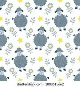 Vector seamless pattern of sheep, flowers, stars. For children's design.