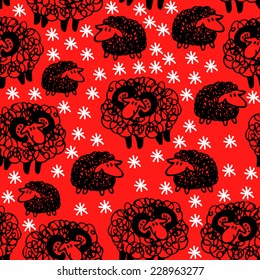 Vector seamless pattern with sheep. Hand drawn. Red snowy background.