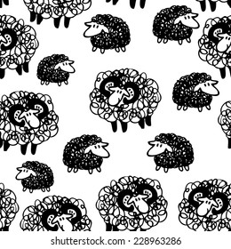 Vector seamless pattern with sheep. Hand drawn. Black and white.