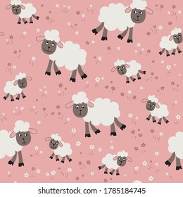 Vector Seamless pattern with sheep and lambs in the meadow. Loop pattern for fabric, textile, wallpaper, posters, gift wrapping paper, napkins, tablecloths. Print for kids. Children's pattern 