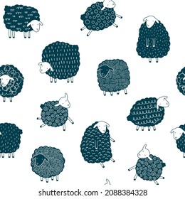 Vector seamless pattern with sheep on a white background. Cute monochrome design print for fabric, paper, wallpaper.