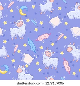 vector seamless pattern with sheep, sleep mask, pillow, crescent. Can be used for print design, gift paper, kids wear, website, celebration greeting, postcard, sticker, t-shirt, mug and other design.