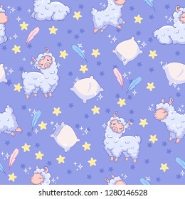 vector seamless pattern with sheep, sleep, pillow, crescent. Can be used for print design, gift paper, kids wear, website, celebration greeting, postcard, sticker, t-shirt, mug and other design.