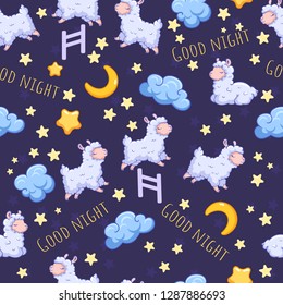 vector seamless pattern with sheeps on dark background. Good night. Can be used for print design, gift paper, kids wear, website, celebration greeting, postcard, sticker, t-shirt, mug and other design