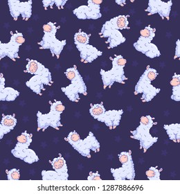 vector seamless pattern with sheeps on dark background. Can be used for print design, gift paper, kids wear, website, celebration greeting, postcard, sticker, t-shirt, mug and other design.