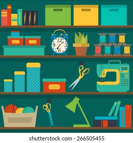 Vector seamless pattern shelf with tools for sewing and knitting, craft tools