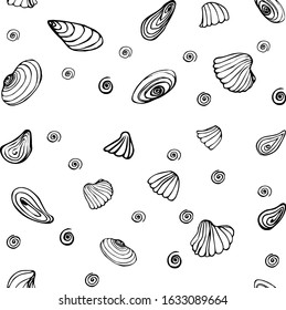Vector seamless pattern with shells. Black and white, monochrome image. For the design of coloring books, textiles, wallpapers, postcards, banners, leaflets, stickers.