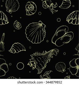 vector seamless pattern with shells and crabs,umbrellas, flip-flops